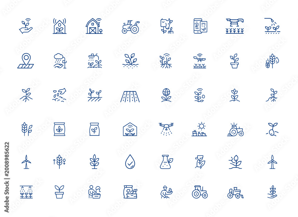 Fototapeta premium Smart farming vector icons: modern agriculture outline symbols for gardening, seeding, farm, editable stroke, precision agriculture, sustainable farming, crop management, agritech and more.