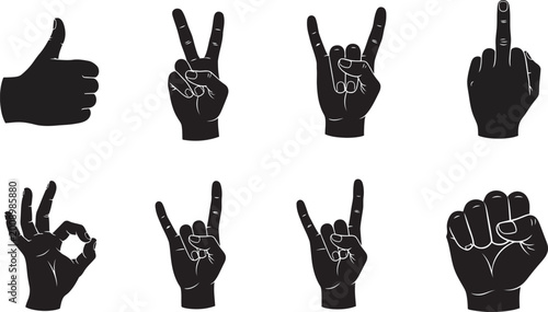 Set of human hand gestures showing different signals like thumbs up peace sign rock on middle finger ok sign and fist