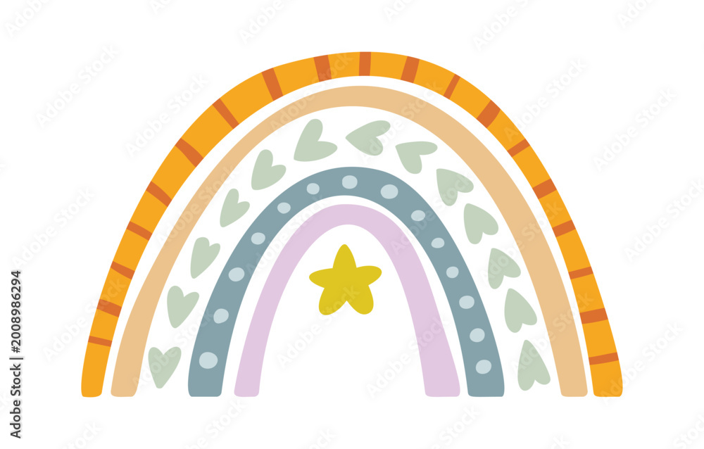 Naklejka premium Rainbow With Star And Hearts Doodle