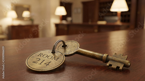 Quadro su tela vintage hotel room key with tag on wooden desk in warm ambient lighting