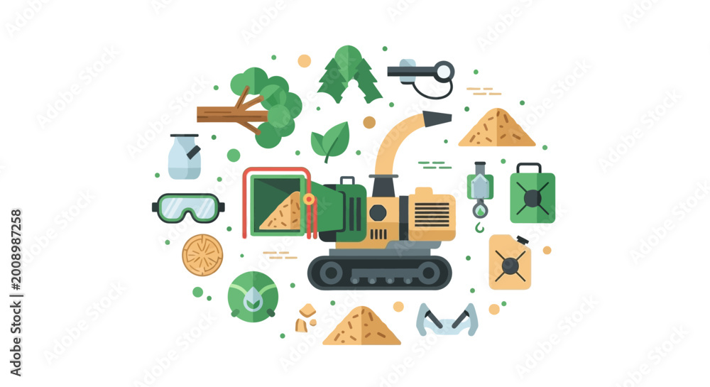 Naklejka premium Flat Vector Illustration of Industrial Wood Chipper Machine and Forestry Equipment Icons for Landscaping and Recycling