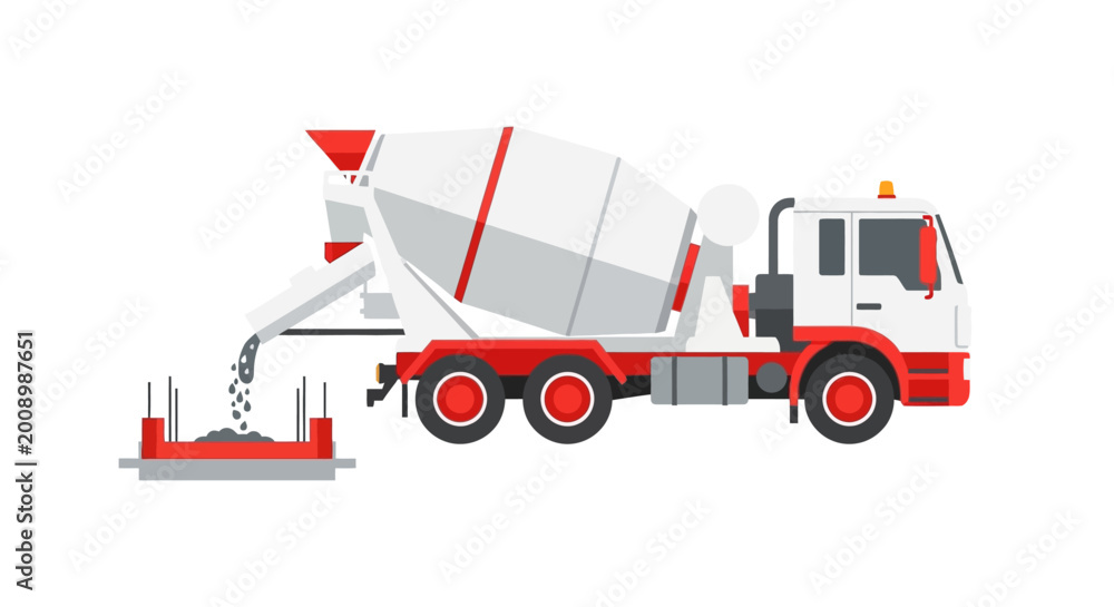 Fototapeta premium Concrete Mixer Truck Pouring Cement into Foundation - Flat Vector Illustration for Construction and Infrastructure Design
