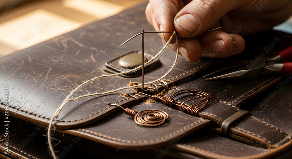 Obraz premium Close-up of skilled hands meticulously repairing a worn leather bag with needle and thread, showcasing craftsmanship