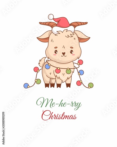 Foto Cute Christmas goat cartoon wearing Santa hat and colorful lights with funny pun
