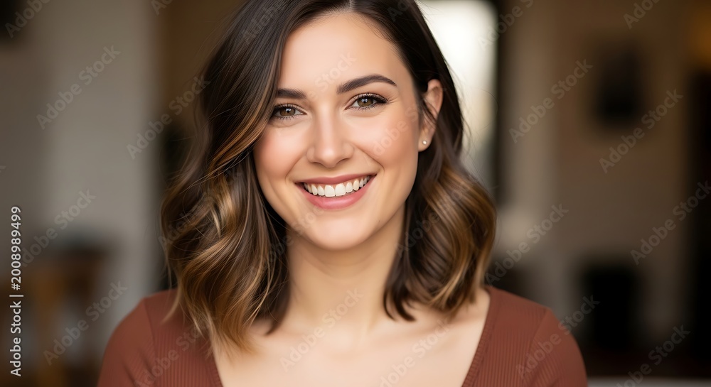 Fototapeta premium Smiling woman with brown hair looking at the camera.