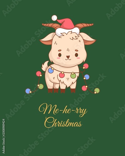 Obraz na płótnie Cute Christmas goat cartoon wearing Santa hat and colorful lights with funny pun