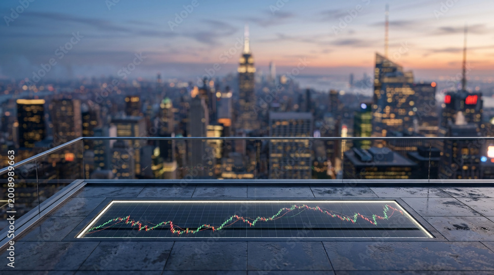 Naklejka premium Digital Trading Interface Displayed On Rooftop Surface In Financial District