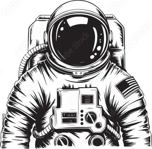 Astronaut in a space suit exploring a barren moon landscape with craters and mountains, black and white line art illustration of cosmic adventure and White Space Explorer Design