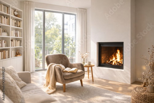 Cozy living room with a fireplace and natural light ambiance