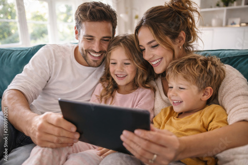 Happy family enjoying time together while watching a tablet