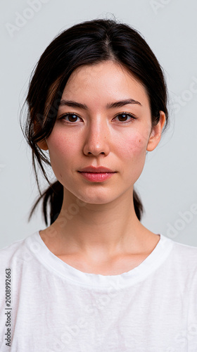 Young beautiful woman with natural skin texture and low ponytail