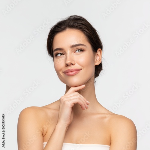Smiling woman with bare shoulders displaying confidence while thinking creatively in a bright and minimalist studio setting