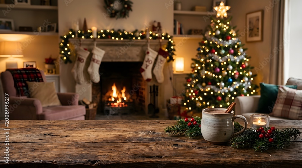 Fototapeta premium Cozy Christmas Living Room with Fireplace Decorated Tree and Hot Chocolate