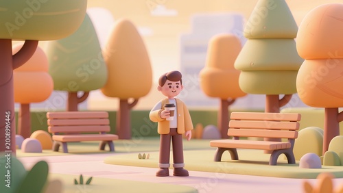 A happy young adult character stands in a cozy park during golden hour, smiling warmly while holding a takeaway coffee cup. The 3D cartoon illustration