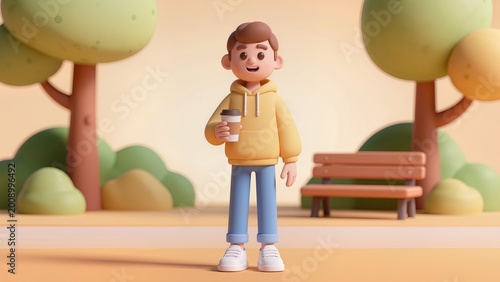 A happy young adult character stands in a cozy park during golden hour, smiling warmly while holding a takeaway coffee cup. The 3D cartoon illustration