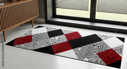 Vibrant geometric patterned rug in red, black, and white on a floor next to a wooden sideboard