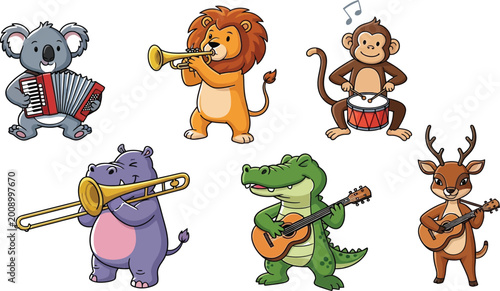 Fotografía Cartoon animals playing musical instruments in a fun band isolated on transparen