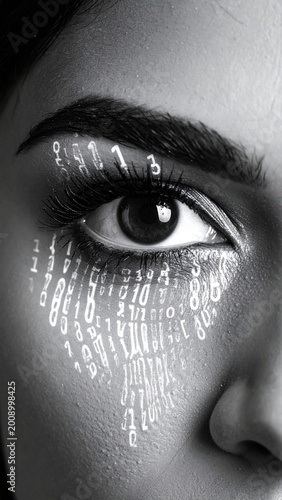 Cyber security concept. Close up of woman's eye with binary code