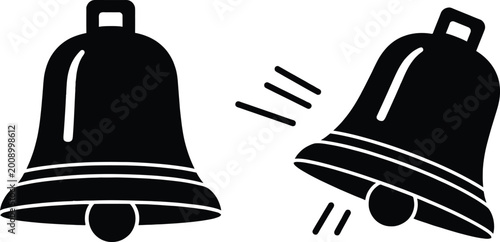 Fotografie Two black bell illustrations one still one ringing with sound waves