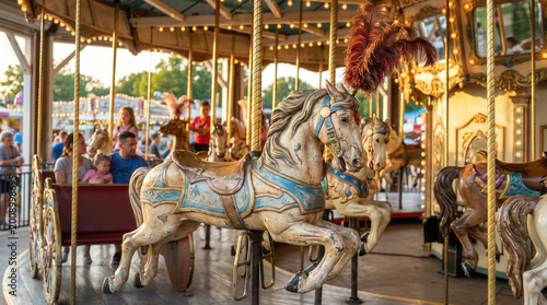 Carousel horses moving on vintage ride at amusement park  