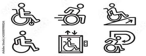 Illustrations of people with disabilities using wheelchair ramps and elevators 050b