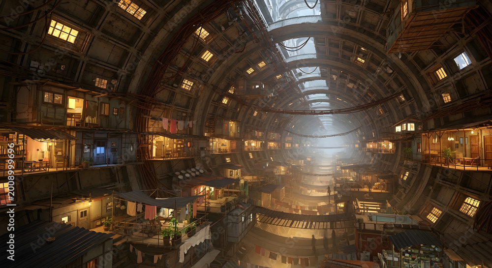 Obraz premium An expansive, multi-level marketplace with numerous stalls and dwellings built into a large, circular structure, illuminated by ambient light from above