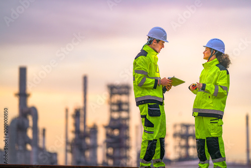 Tableau sur toile Two industrial workers in high-visibility safety uniforms discuss work plans on-site during golden hour, with a refinery or factory plant blurred in the background