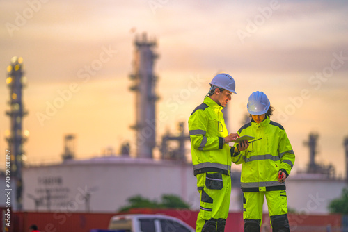 Tableau sur toile Two industrial workers in high-visibility safety uniforms discuss work plans on-site during golden hour, with a refinery or factory plant blurred in the background