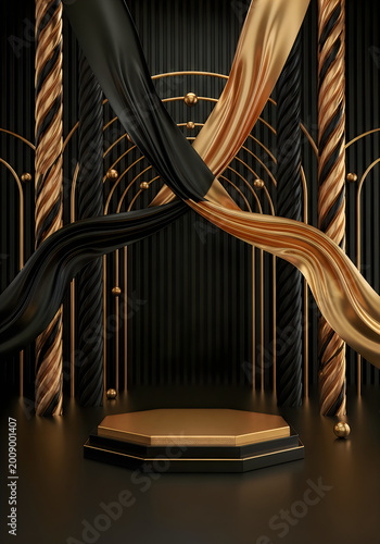 Luxurious black and gold podium with draped fabric and metallic accents in a modern art deco setting for premium product display
