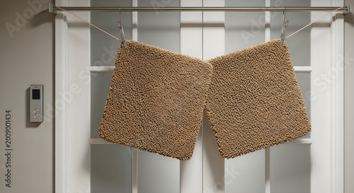 Two brown towels hanging on a metal rod in front of a white door