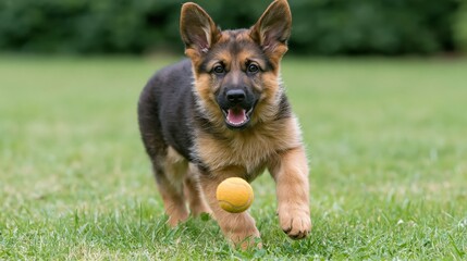 Full length view of a young German Shepherd chasing a ball across a lush sunny meadow.