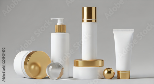 White and gold luxury skincare product packaging on gray background