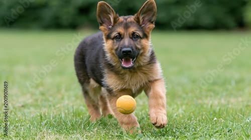 Full length view of a young German Shepherd chasing a ball across a lush sunny meadow.