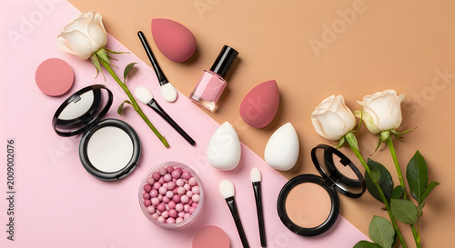 Beauty products and white roses on pink and beige background
