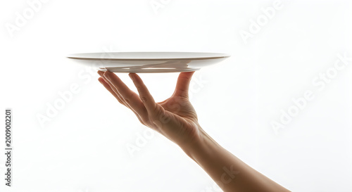 A hand holding a white plate isolated on white background