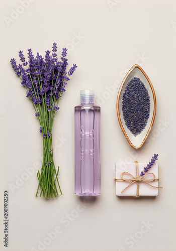 Lavender products flat lay with flowers, soap, and lotion on beige background