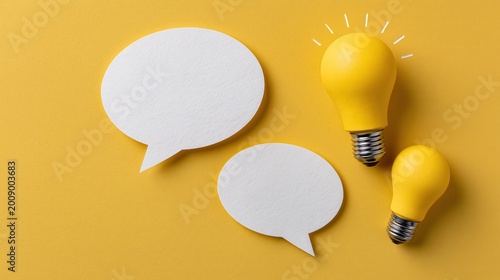 Creative workspace mockup with colorful chat bubbles and a light bulb on yellow surface.