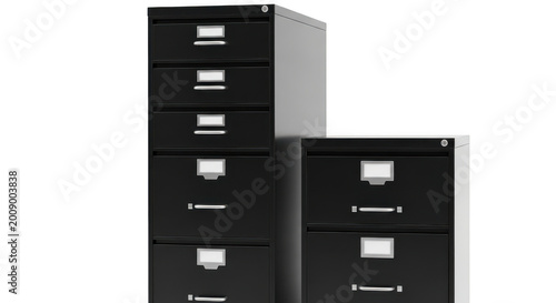 Two black metal filing cabinets with silver handles on transparent background