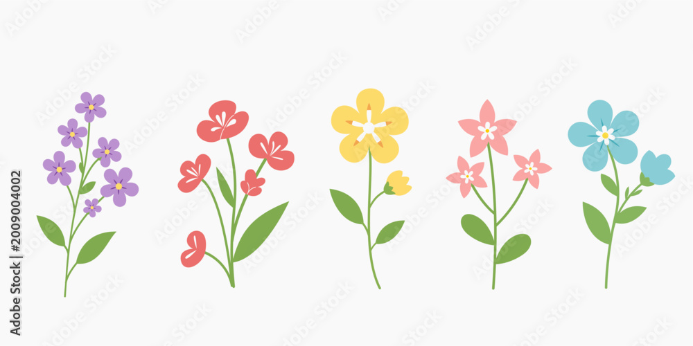 Obraz premium Pastel blossom vector collection with clean flat flowers and leafy stems. Trendy floral graphics for nursery prints, invitations, scrapbook pages, and branding use