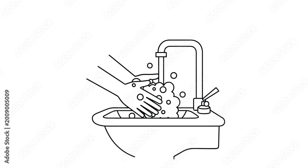 Fototapeta premium Detailed line drawing emphasizes the importance of hand washing with soap and water to maintain personal hygiene and prevent the spread of germs.