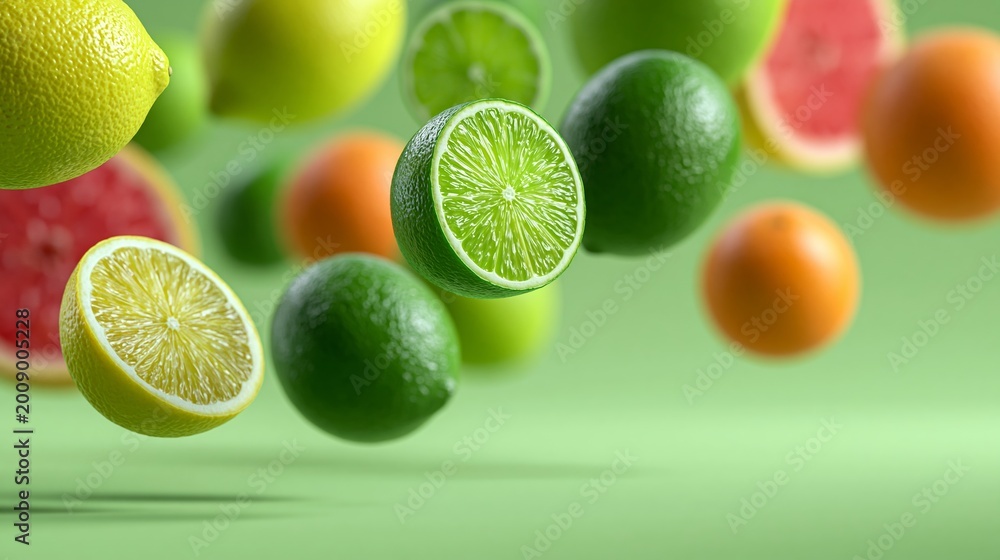 Obraz premium Assorted citrus fruits including lemons, limes, oranges, and grapefruits floating against a green background, showcasing vibrant colors and textures