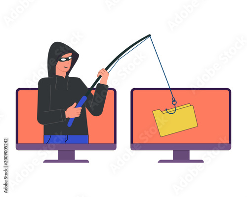 Hacker with laptop computer stealing confidential data personal information data vector illustration