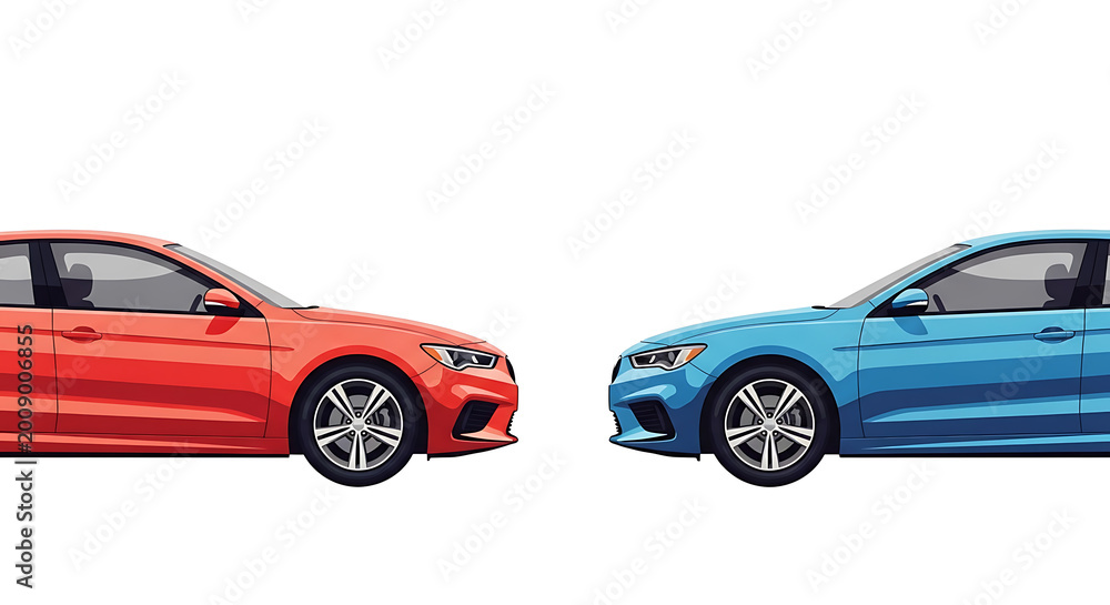 Naklejka premium Red and blue volkswagen gti cars, side view, isolated on white background