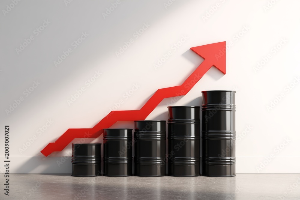 Fototapeta premium Black oil barrels arranged in a row show growth with red arrow on white wall in clear setting