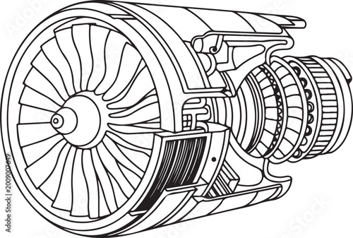 Detailed contour of an aircraft turbine from black lines isolated on a white background and Line Art Illustration
