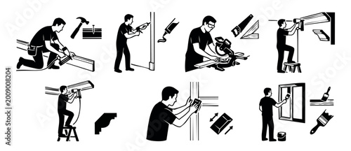 Bild auf Leinwand Construction worker icons set, professional carpentry and home renovation tasks, handyman service vector illustration