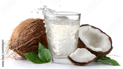 A refreshing glass of coconut water, brimming with natural goodness, sits beside whole and halved coconuts, accented by fresh green leaves.