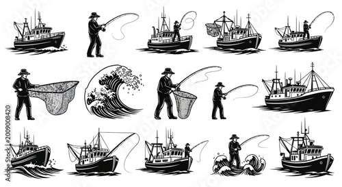 Konstfotografi Fishermen at work on boats sea.