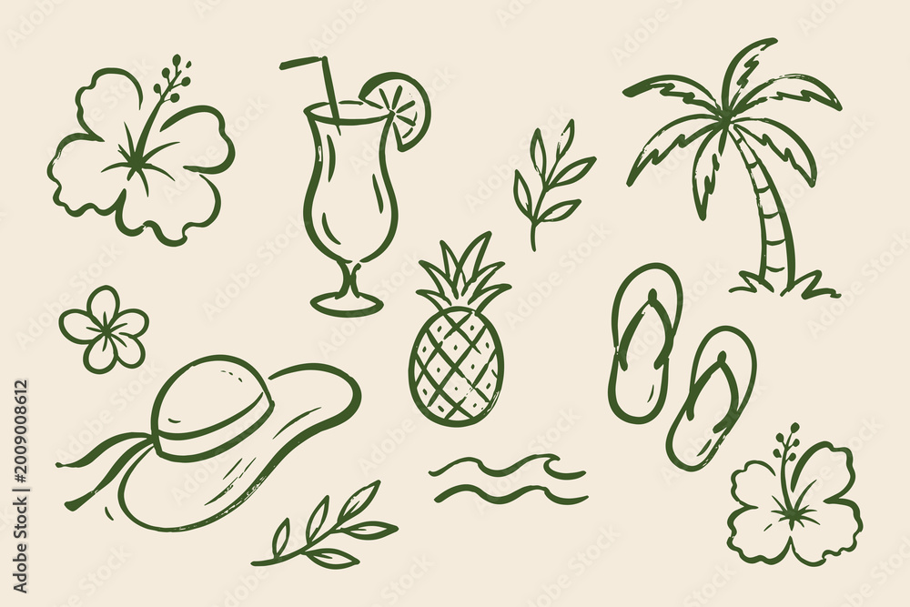 Obraz premium Tropical summer set green doodle pattern vector