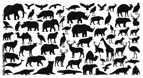 Quadro em tela Black silhouettes of various wild animals.